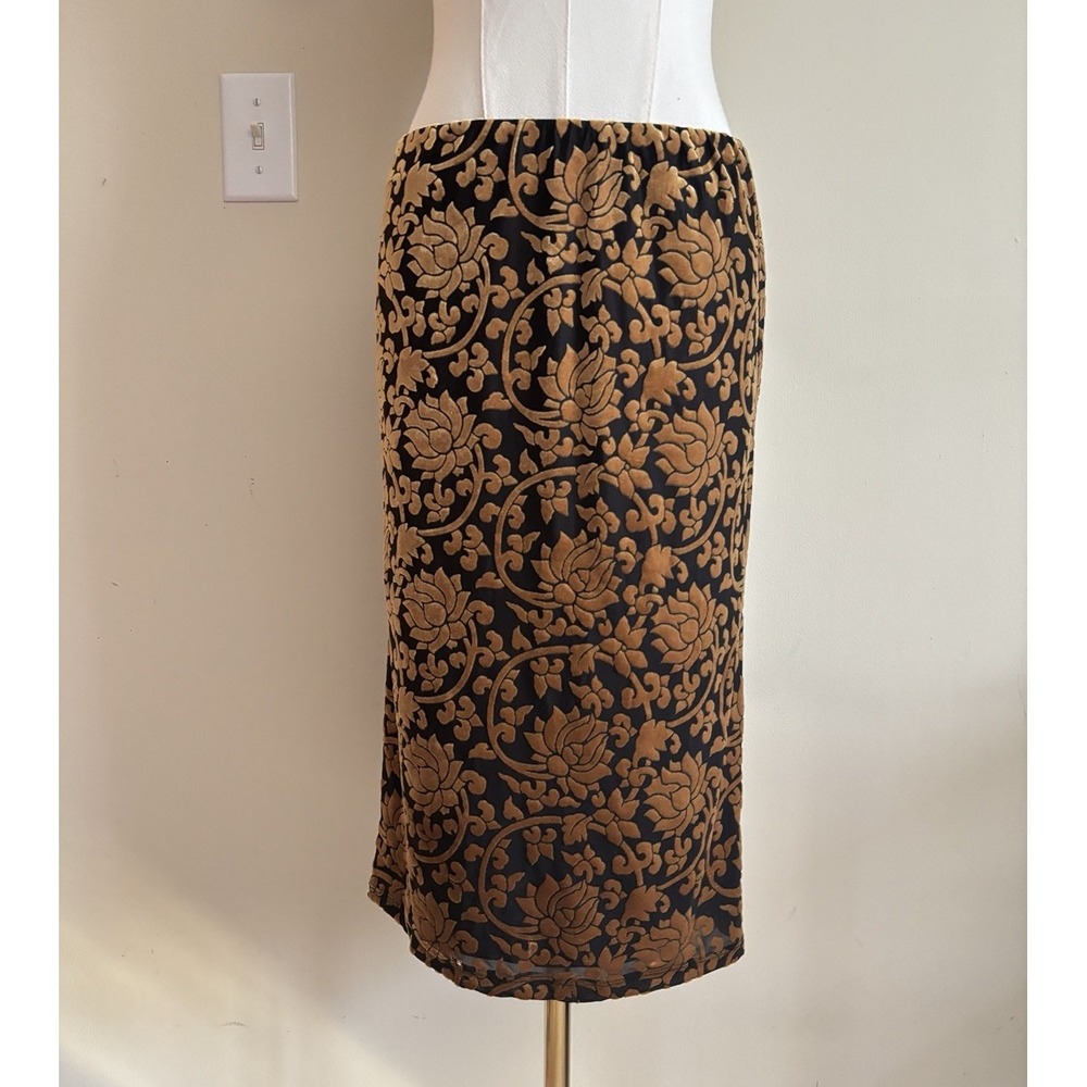 Lily White Womens Large Floral Pencil Skirt Burnout Velvet Black Gold Y2K Whimsi